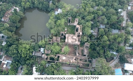 Aerial, drone photograph of villages with ponds, lakes in rural Bangladesh.