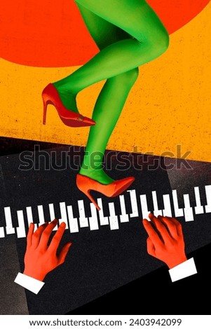 Female legs in green tights and red heels dancing on piano keys over multicolored background. Contemporary art collage. New Year. Concept of holidays, celebration, fun and joy, party, retro style