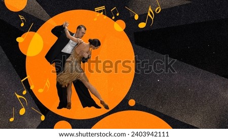 Beautiful couple, man and woman in stage costumes dancing tango over dark background with yellow elements. Contemporary art collage. Concept of holidays, celebration, fun and joy, party, retro style