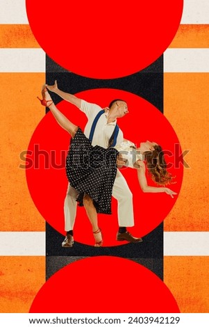 Young man and woman in retro style clothes dancing over bright abstract background. Contemporary art collage. Concept of holidays, celebration, fun and joy, party, disco dance