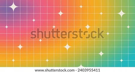 Y2K blurry rainbow gradient background with linear grid and star shapes. Cool banner template in 2000s aesthetic. Trendy minimalist vector design in brutalism style. Royalty-Free Stock Photo #2403955411