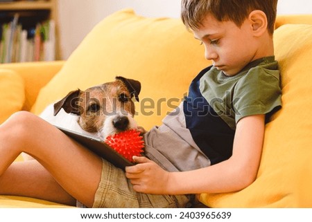 Attention seeking dog behaviour concept. Bored dog disturbs boy watching video on tablet computer Royalty-Free Stock Photo #2403965639