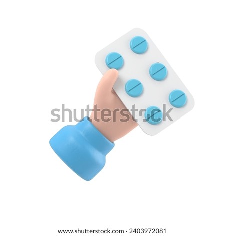 3d render. Pack of pills icon. Doctor or pharmacist cartoon hand with black skin holding drugs. Medical healthcare illustration. Pharmaceutical clip art.3D rendering on white background.

