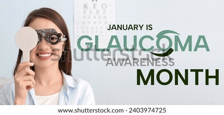 Banner for Glaucoma Awareness Month with young woman visiting ophthalmologist in clinic Royalty-Free Stock Photo #2403974725