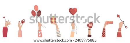 Female hands with balloons, gifts, padlock, Cupid's arrow and ro