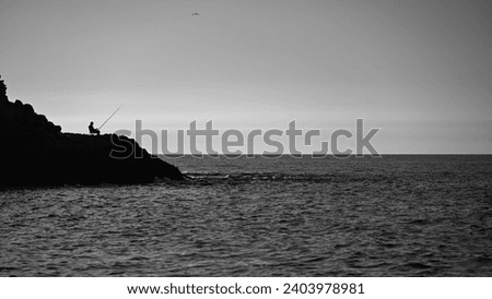 Isolated high definition of a fisherman silhouette during sunset on the beach- Israel