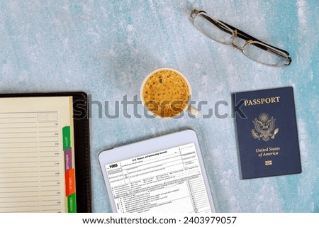Period taxation US Return of Partnership Income Tax Form 1065, online form fill out, American passport Royalty-Free Stock Photo #2403979057