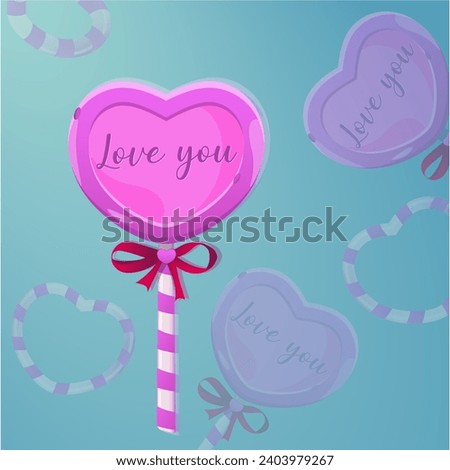  Pink candy on a stick in the form of a heart. Happy Valentine's Day postcard.