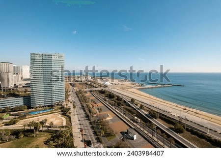 Waterfront in Diagonal Mar area in Barcelona with skyscrapers