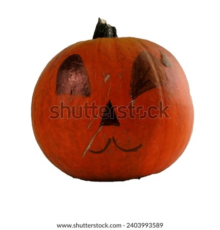 On a white background there is an orange round pumpkin with a nose and mouth drawn with black eyes. front view . Halloween. pumpkin isolate