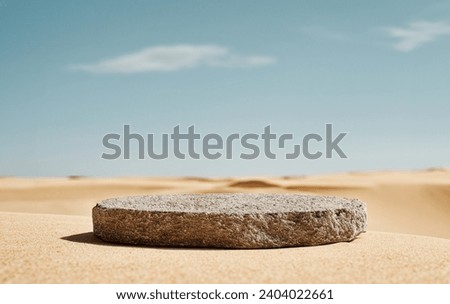 Grunge brown concrete stone above beige beach sand background. mockup platform podium for skin care or cosmetics or products on clear blue sky background  Front view