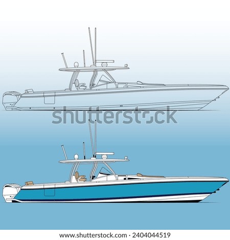 Side view fishing boat vector line art illustration