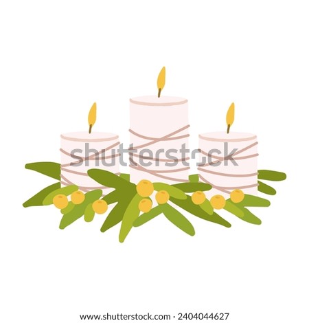 Vector illustration of candles with green branches and winter berries. A festive composition for Christmas and new year isolated on a white background.