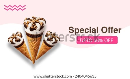 Ice cream disocunt offer banner with blank space for text. banner poster, website slider.