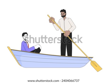 Interracial gay men on romantic boat ride 2D linear cartoon characters. Affectionate homosexual couple isolated line vector people white background. Lake romance color flat spot illustration