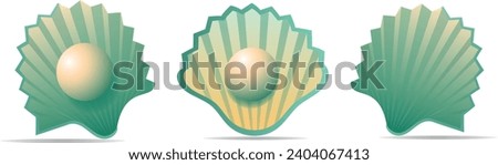 Seashell, seafood in green and yellow color. Vector illustratration. Set Scallop.