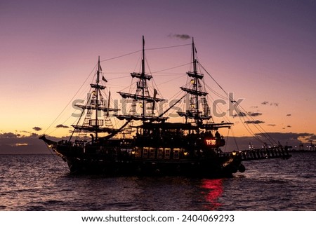 Galleon ship leaving for evening sail, Thessaloniki, Greece