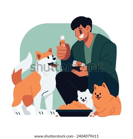 Man feeding cats and dogs Vector illustration in flat cartoon style