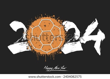 Numbers 2024 and a abstract handball ball made of blots in grunge style. Design text logo Happy New Year 2024. Template for greeting card, banner, poster. Vector illustration on isolated background