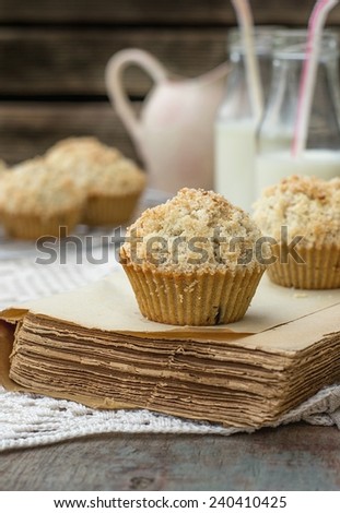 Chocolate chip muffins with coconut streusel on top. Vignetting and rustic style