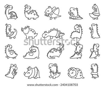 Funny cute girls dinosaurs. Coloring Page. Kawaii baby Dino princess character. Hand drawn style. Vector drawing. Collection of design elements.