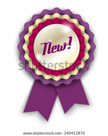 violet ribbon rosette wit text New!, vector illustration, eps 10 with transparency and gradient mesh
