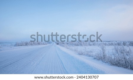 A desolate, snow covered road stretches through a tranquil, frosty landscape under a muted sky, conveying a sense of winter stillness and isolation Royalty-Free Stock Photo #2404130707