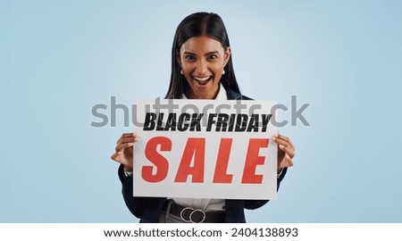 Happy woman, portrait and sale poster in discount, advertising or wow against a blue studio background. Excited female person and billboard in marketing, promotion or Black Friday special on mockup