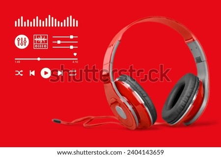 Image of headphones on a red background There is a playback symbol and an equalizer button in the picture. Suitable for use in music media, advertising media, and teaching media.