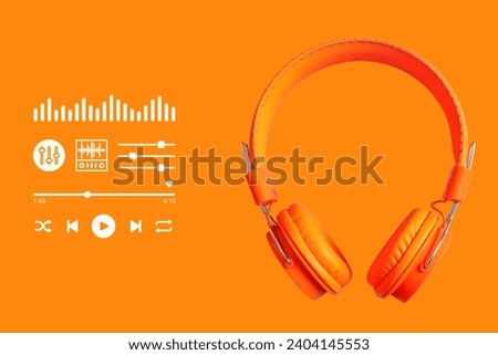 Image of headphones on an orange background There is a playback symbol and an equalizer button in the picture. Suitable for use in music media, advertising media, and teaching media. Royalty-Free Stock Photo #2404145553