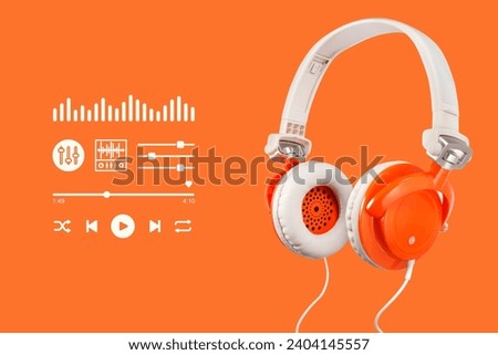 Image of headphones on an orange background There is a playback symbol and an equalizer button in the picture. Suitable for use in music media, advertising media, and teaching media.