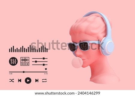 Picture of headphones on a pink background There is a playback symbol and an equalizer button in the picture. Suitable for use in music media, advertising media, and teaching media.