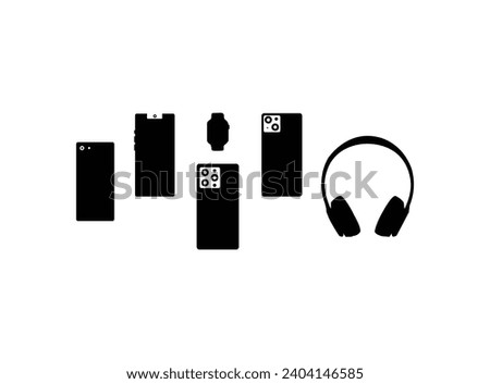 Smartphone silhouette. Mobile or cell phone screen frame design. Mobile phone mockup vector illustration. Smartwatch and headphones vector silhouette.