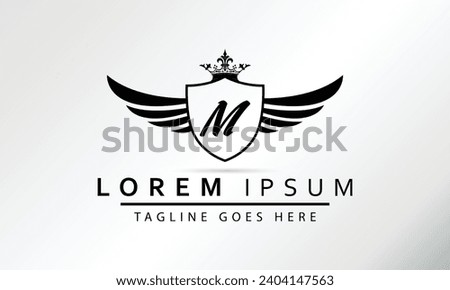 Stylish Black Shield With Wings, Crown And Initial Letter M Isolated On White Background. Luxury Logo Business Vector Template. Modern Design Logotype, Emblem,