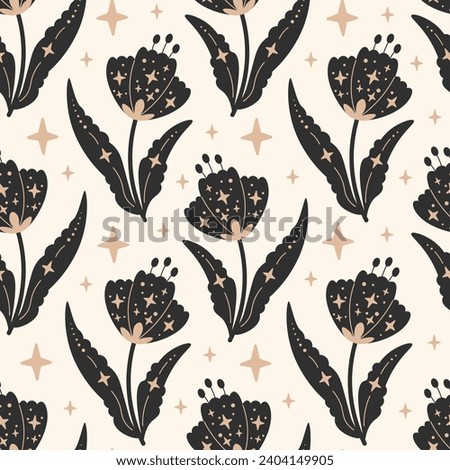 Esoteric Flowers seamless pattern with stars. Celestial vintage floral repeat vector illustration with beautiful tulip on beige background. Magical flourish ornament. Royalty-Free Stock Photo #2404149905