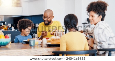 Black family, food and parents with kids for breakfast, lunch and eating together in home. Happy, serving and mom, dad and children for bonding with meal for health, nutrition and hunger in house