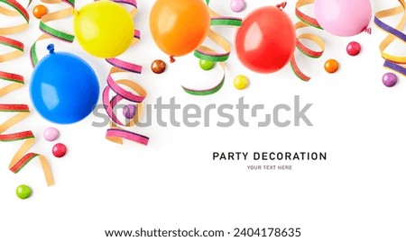Colorful party streamers, balloons, confetti decoration isolated on white background. Celebration background. Festive frame border. Creative layout. Flat lay, top view. Design element
