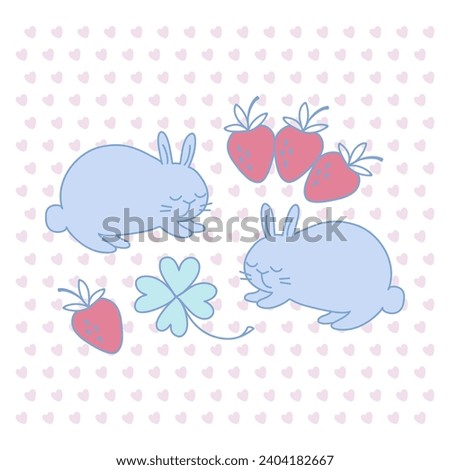 Couple funny bunnies. In doodle style. Strawberries and lucky clover leaf on a background of pink hearts. Clip art for Valentine's Day