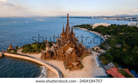View from above at The Sanctuary of Truth wooden temple in Pattaya Thailand is a gigantic wooden construction located at the cape of Naklua Pattaya City Chonburi Thailand Royalty-Free Stock Photo #2404184707