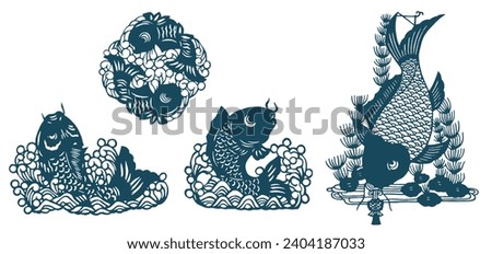 Symbol of Abundance in Eastern Culture. Carp Fish of Asia. Japanese, Chinese Oriental Pattern. Oriental Ornament Elements. Indigo Blue Fish.
