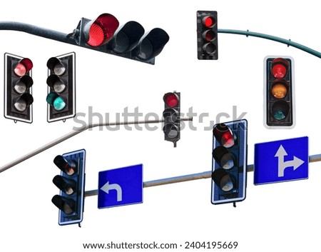 Dynamic set of isolated traffic lights on white background. Glowing signals in red, orange, and green for visual impact. Royalty-Free Stock Photo #2404195669