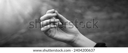 Young male worker girl arm take biblic trust god show root produce new power gospel pray life hope. Close up macro view single raw dry good word soy tree ground soil field land bio eco chia food crop Royalty-Free Stock Photo #2404200637