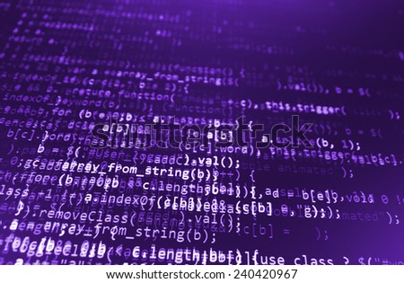 Computer script. Programming code abstract screen of software developer. Digital abstract bits data stream, cyber pattern digital background. Selective focus effect. Purple pink color. 