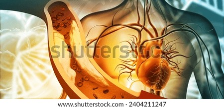 Human heart with Clogged arteries on scientific background. 3d illustration	