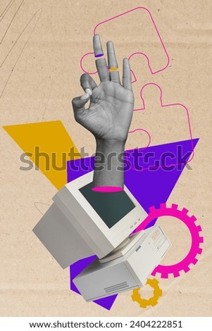Vertical collage of retro pc screen black white effect arm show okey symbol painted puzzle pieces cogwheel gear isolated on paper background