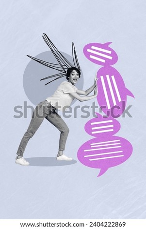 Vertical photo collage of black white effect young girl trying to hold big stack of message bubble notifications on creative background