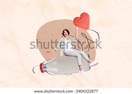 Collage picture of astonished mini girl sitting huge glass milk bottle arm hold heart shape cookie isolated on paper beige background