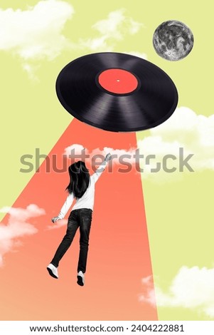 Photo collage picture youngster girl kid raising air spotlight spaceship vinyl plate ufo aliens moon sky clouds drawing background