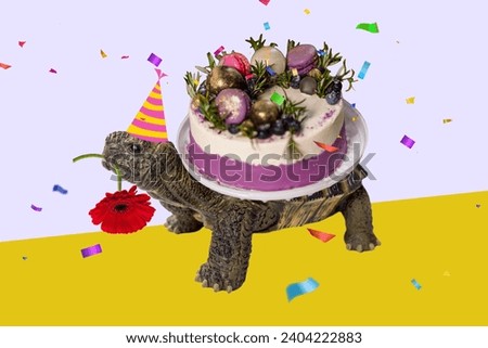 Creative collage picture wild cute turtle carrying sweet sugar cake dessert instead shell birthday party celebration festive event