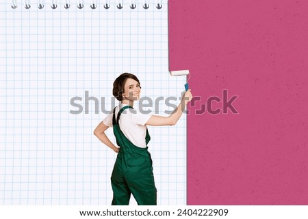 Creative photo collage picture smiling happy young woman painting wall brush professional renovation checkered background
